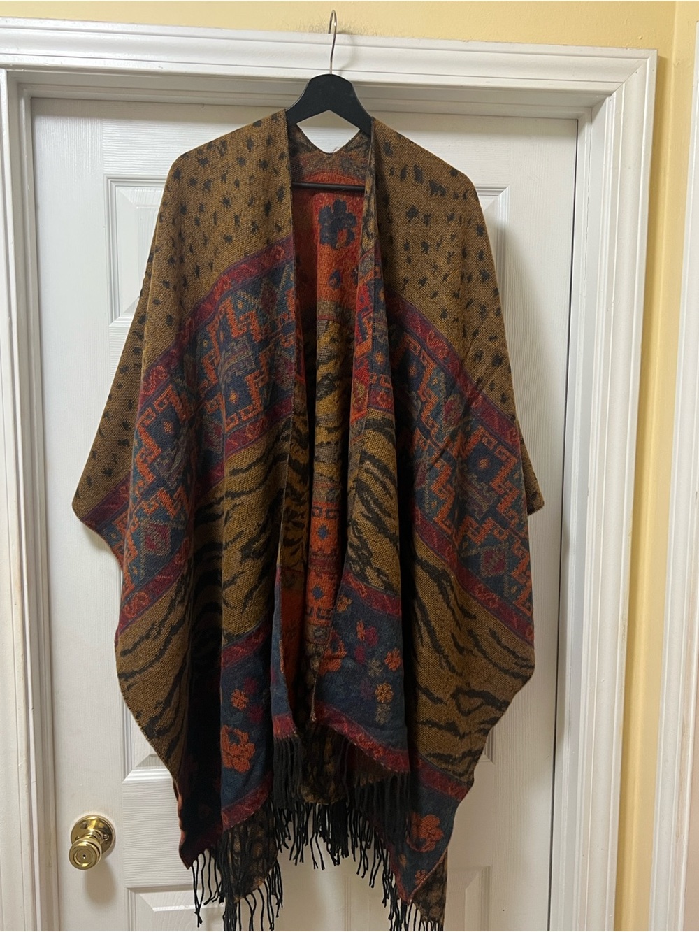 Multicolor Brown Patterned Fringe Cape Wrap